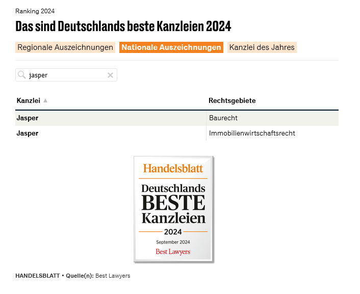 Deutschlands beste Kanzleien 2024 JASPER Rechtsanwälte